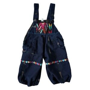 Embroidered Overalls Toddler Size 2 Navy Blue Cotton Colorful Artsy Bohemian